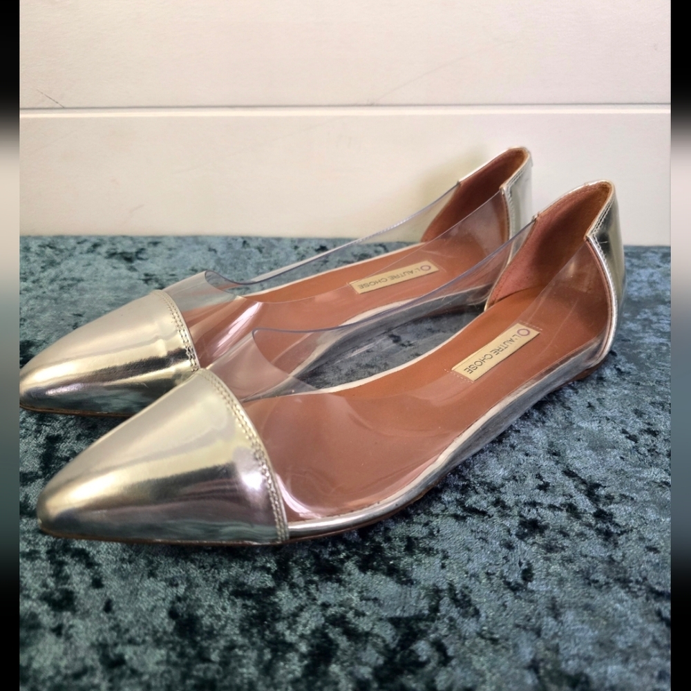 L'AUTRE CHOSE silver Leather with plastic clear flats pointy toe sz 9 (Eur 39)